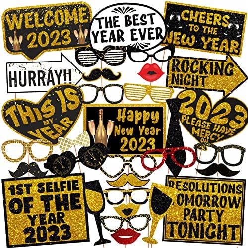 Boldog Új Évet Fotó Party Kellékek Arany & Fekete Gliter, Boldog Új Évet 2023 Dekoráció (32 Db) az Indiai Gyűjthető