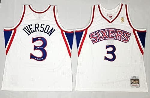 Allen Iverson Dedikált Philadelphia 76ers Mitchell & Ness Fehér 1996-97 Swingman Jersey W/Válasz Beckett Tanúja - Dedikált