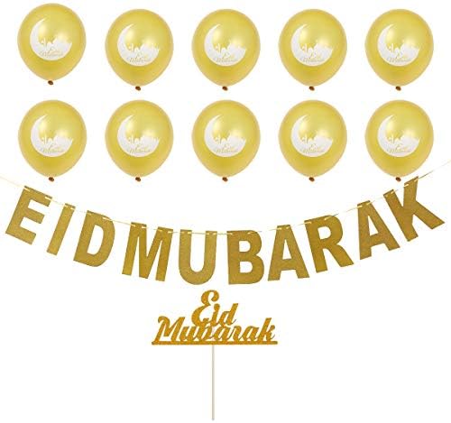 12db 1 Állítsa Arany Latex Lufi, Csillogó Sármány Meghatározott Eid Mubarak Hold Nyomtatás Banner Lógó Dísz Torta Topper
