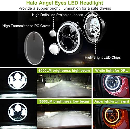 Moclever Kerek LED Fényszóró Halo, 2DB 7inch 6000LM LED Fényszóró Offroad Fény Szög Szeme Kompatibilis Jep Wrangler