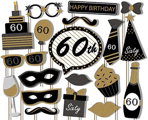 60. Születésnapi Party Fekete-Arany Fotó Kellékek Kit - 20 Csomag Fél Kamera Kellékek Teljesen Összeszerelt