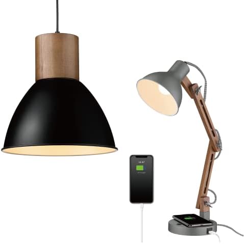 ELYONA Ipari asztali Lámpa & Modern Medál Fény, Fa asztali Lámpa, C-Típusú Töltő Port, Vezeték nélküli Töltő
