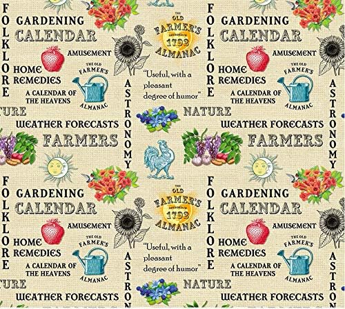 Az öreg Farmer Almanach Szövet, Virágok, Gyümölcs, Szöveg, Sykel, Nyomtatás Fogalmak, 10327-BÉZS színű, Pamut,