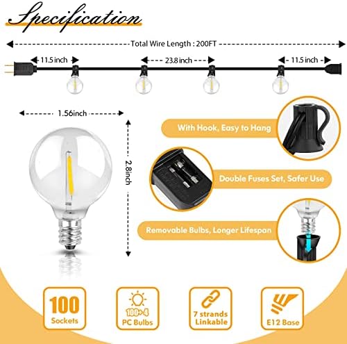 Brightever 200FT Szabadtéri String Világítás Szabályozható LED Kívül Kerti Világítás 100+4 Törhetetlen G40 Globe Edison